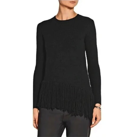 Theory Hudina Asymmetrical Crew Neck Merino Wool Fringe Hem Sweater Black SP - Picture 2 of 14